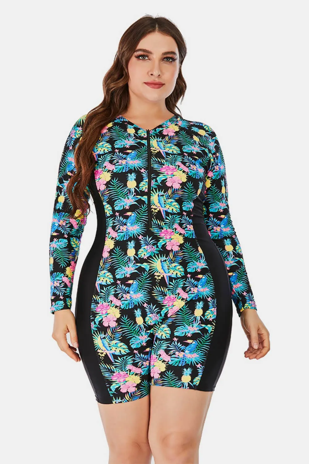 Gigi Plus Size Floral Zip Up Langarm Kurzer Neoprenanzug Zip Up Badeanzug