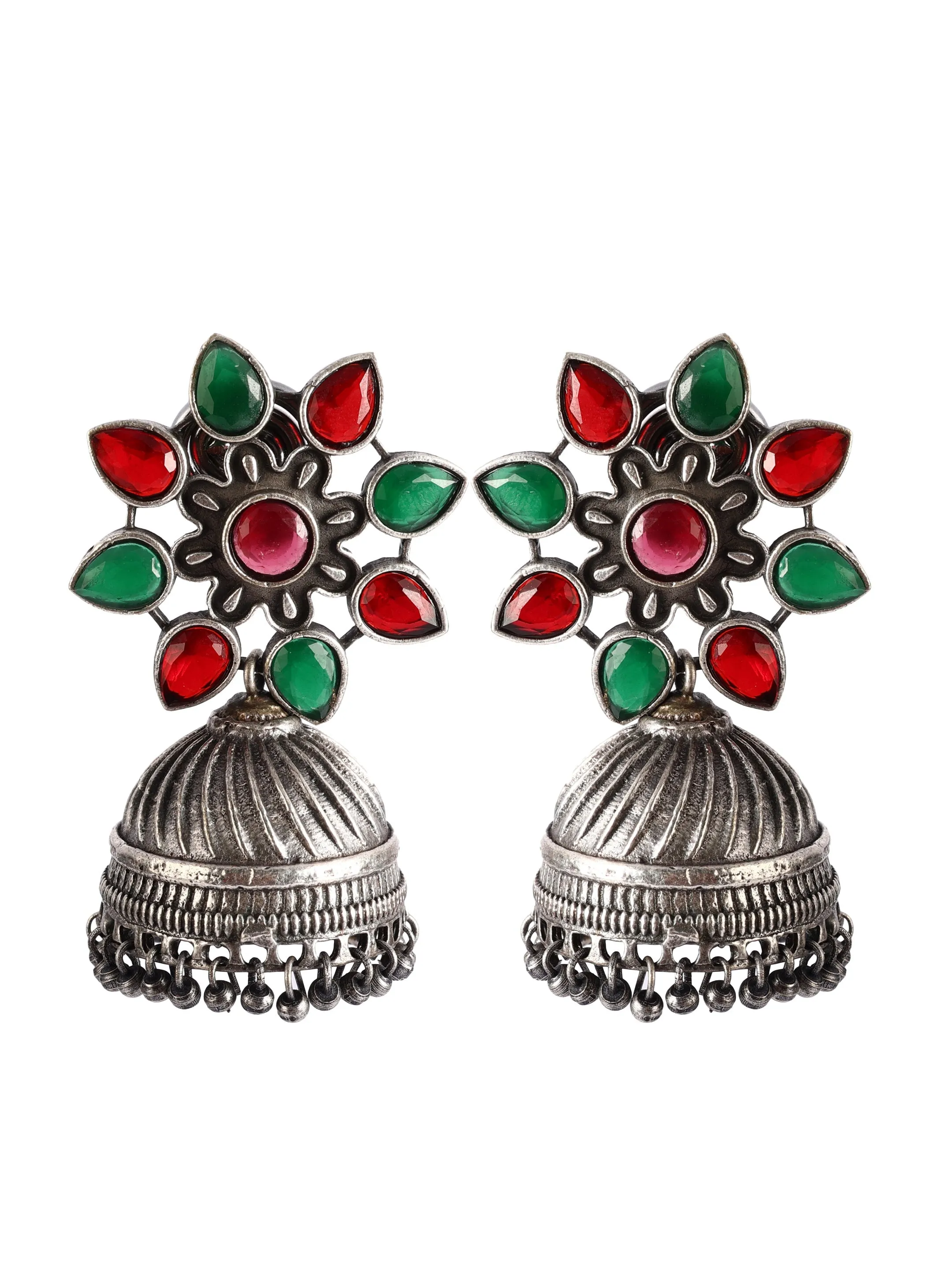 Ishin Oxidised Green & Red Dome Shaped Jumka