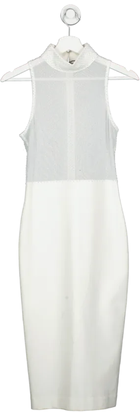 Karen Millen White Hot Fix Diamante Power Mesh Midi Dress UK 10