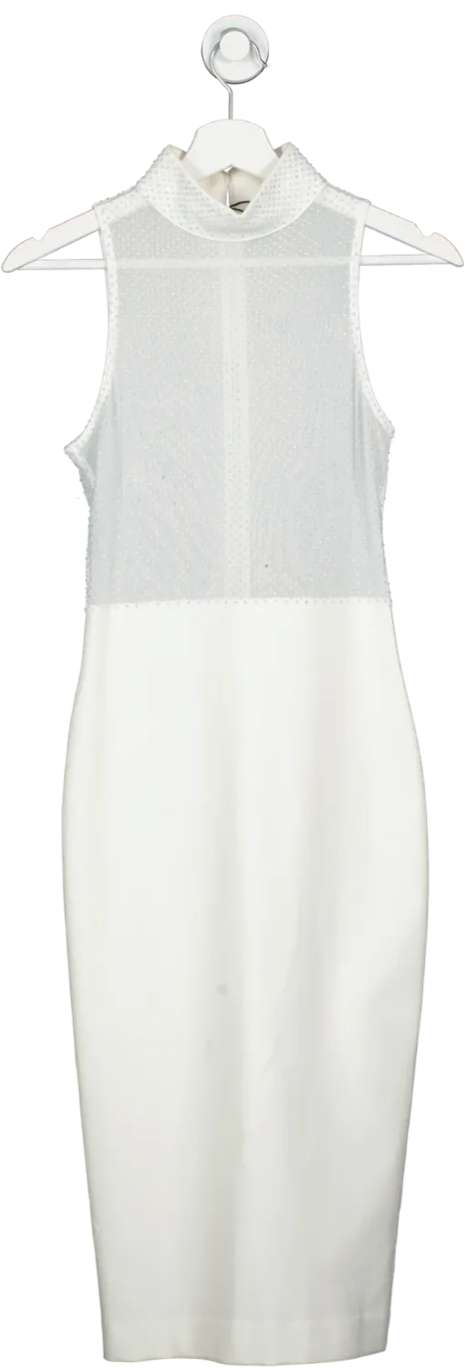 Karen Millen White Hot Fix Diamante Power Mesh Midi Dress UK 10