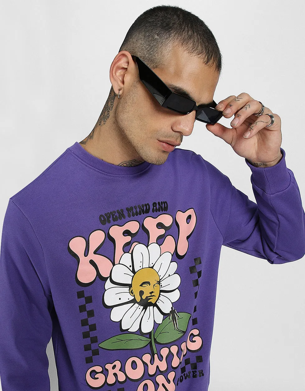 Keep Growing Purple Front Typographic Printed Sweatshirt