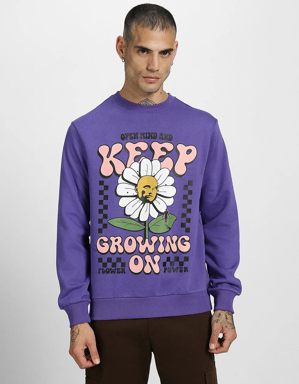 Keep Growing Purple Front Typographic Printed Sweatshirt