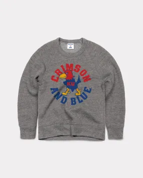 Kids KU Crimson and Blue Vintage Grey Crewneck