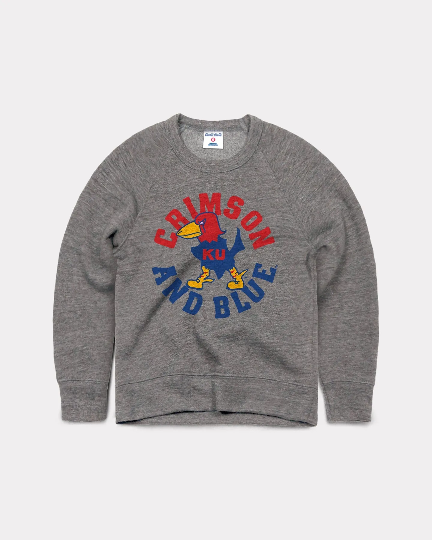 Kids KU Crimson and Blue Vintage Grey Crewneck