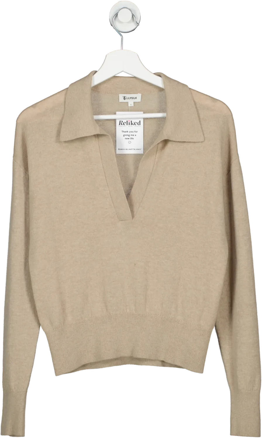 Lily Silk Beige Cashmere Polo Shirt UK S