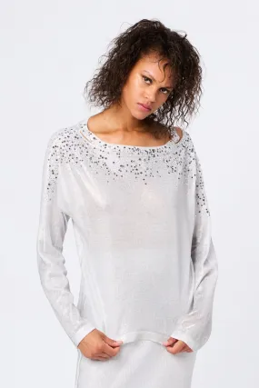 Linen Cotton Boat Neck Pullover with Lamination and Strass