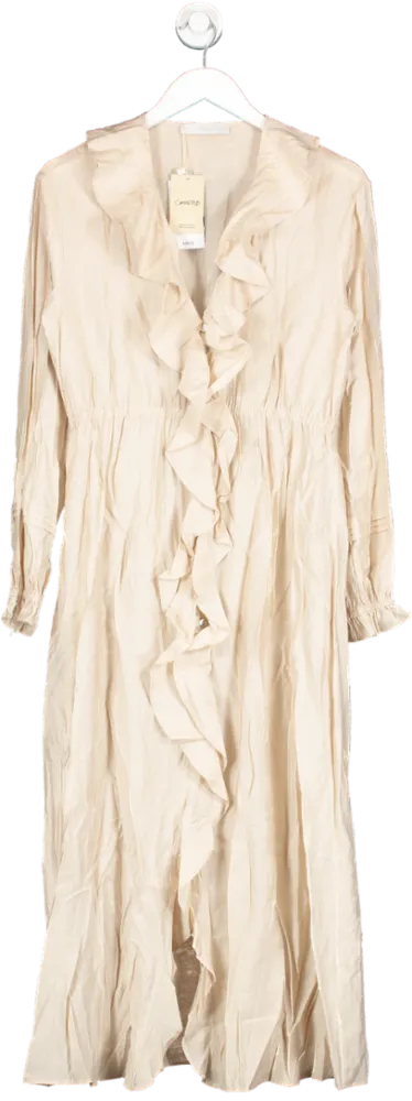 MANGO Beige Ruffle DETAIL MIDI DRESS BNWT UK 10