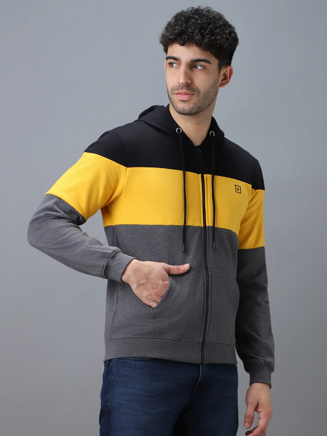 Men's Black, Yellow, Charcoal Cotton Zippered Hooded Sweatshirt