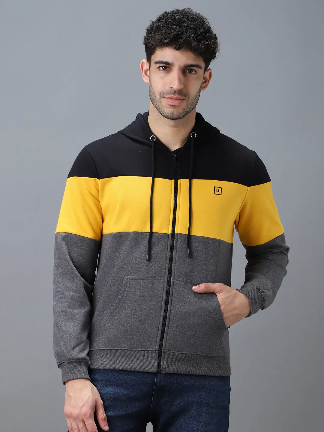 Men's Black, Yellow, Charcoal Cotton Zippered Hooded Sweatshirt