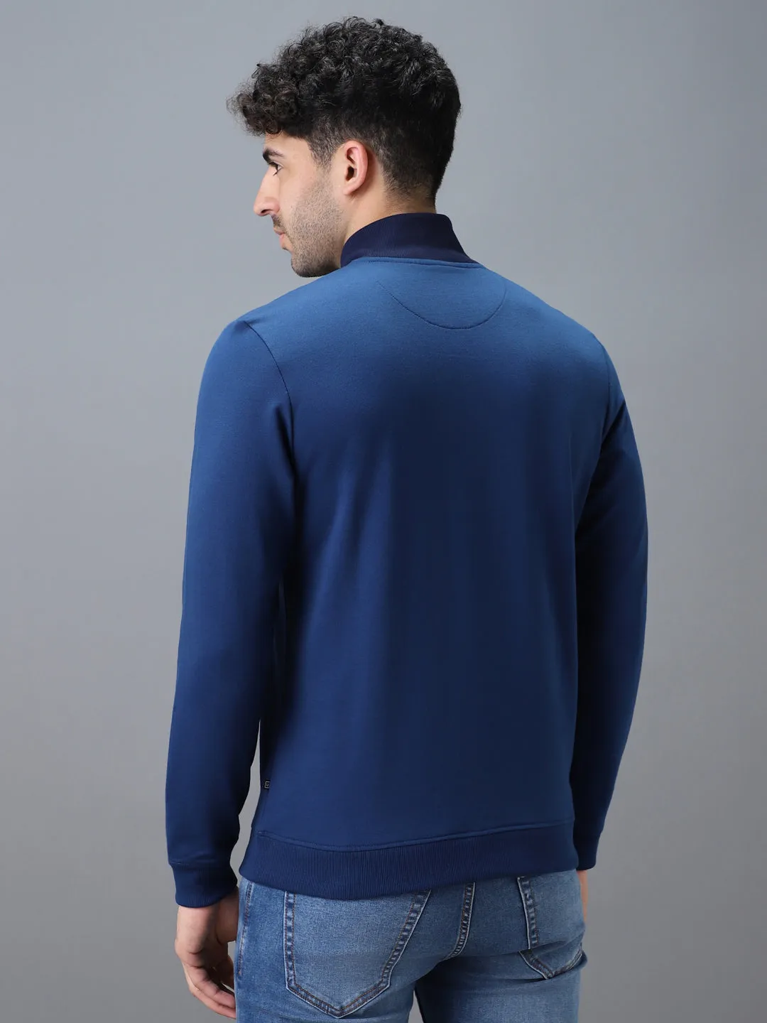 Men's Blue Cotton Solid Zippered High Neck Sweatshirt