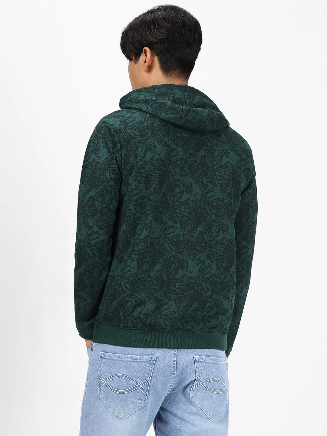 Men's Dark Green Regular Fit Printed Full Sleeve Winterwear Hooded Sweatshirt