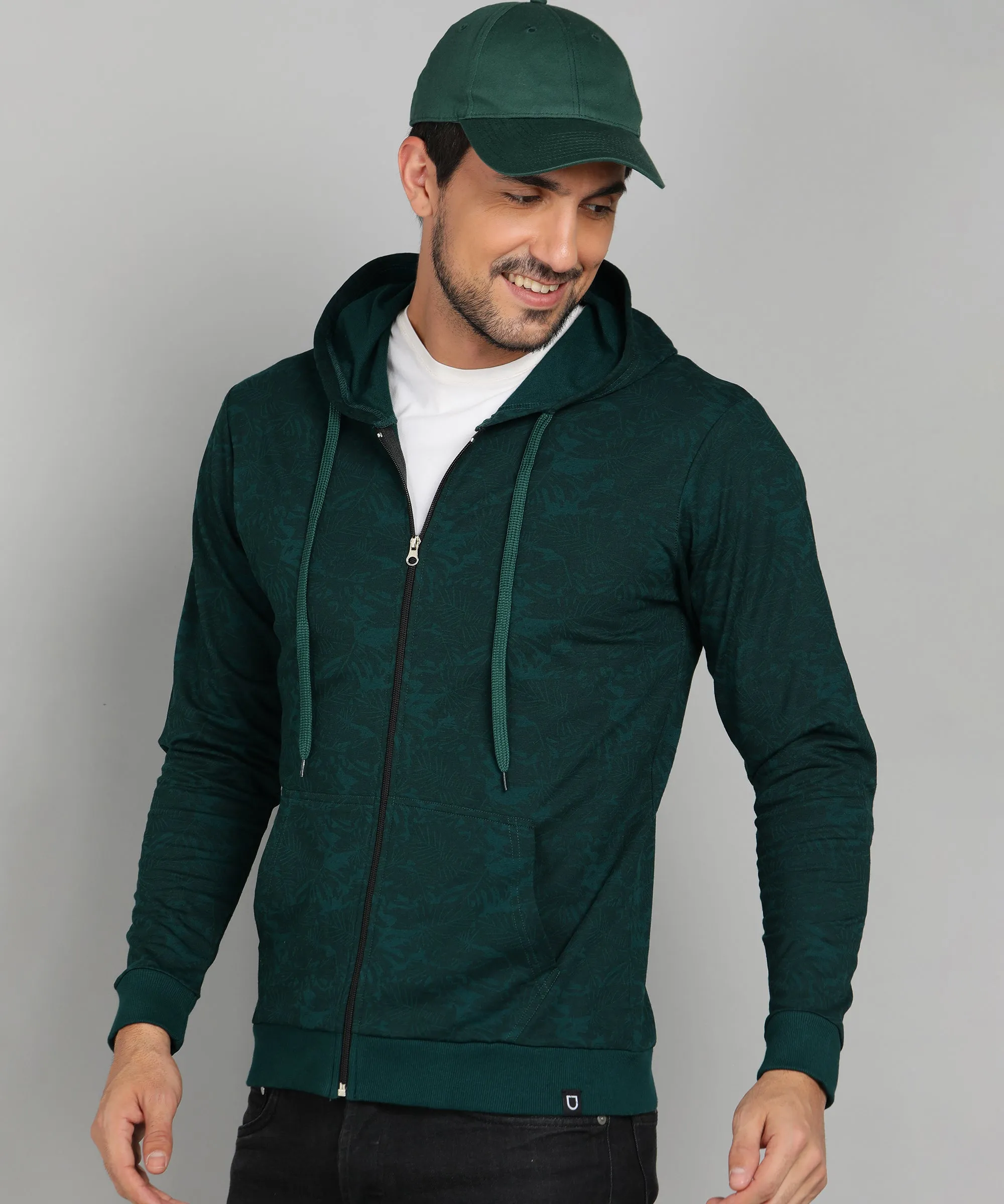 Men's Dark Green Regular Fit Printed Full Sleeve Winterwear Hooded Sweatshirt