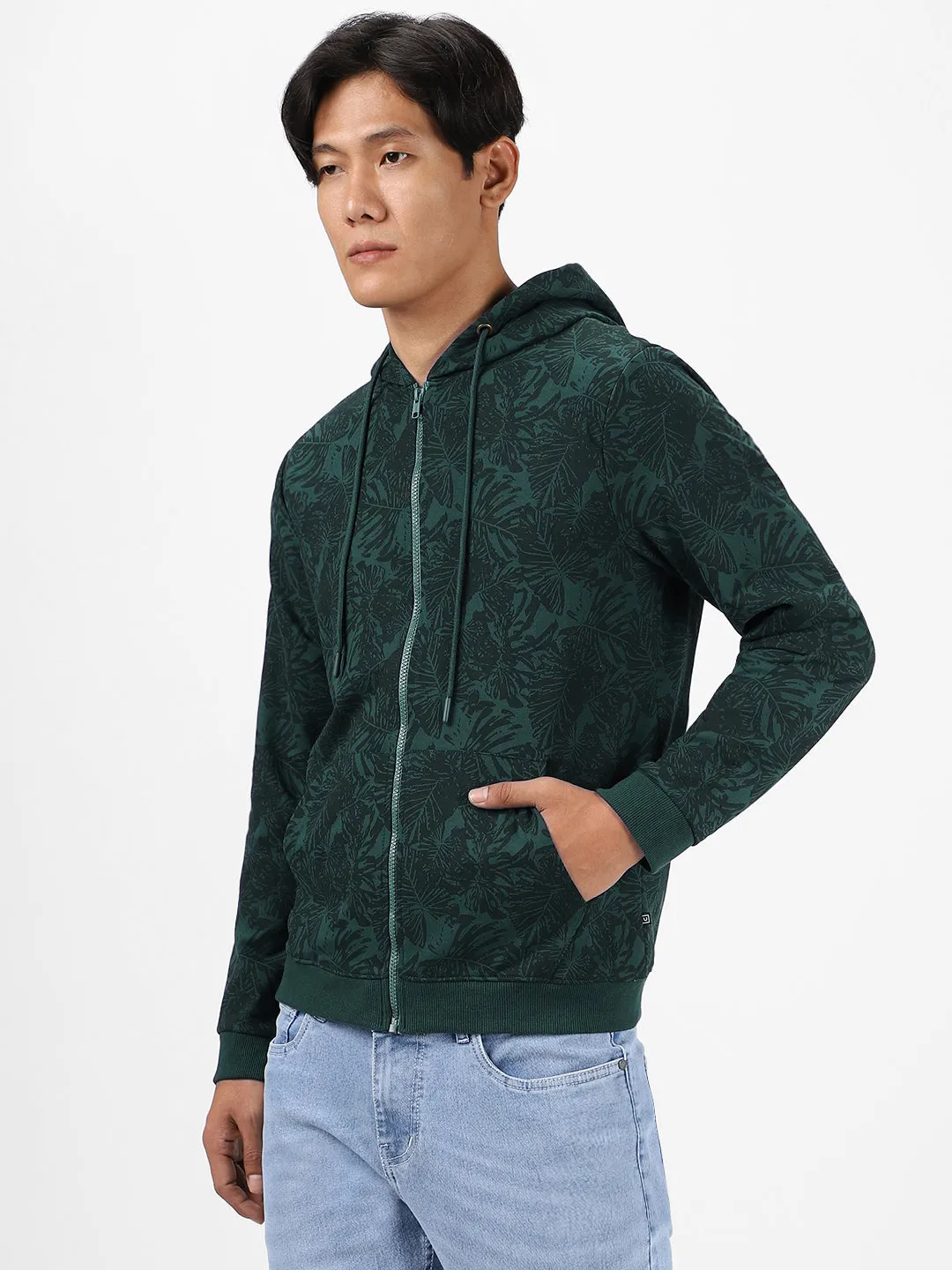 Men's Dark Green Regular Fit Printed Full Sleeve Winterwear Hooded Sweatshirt