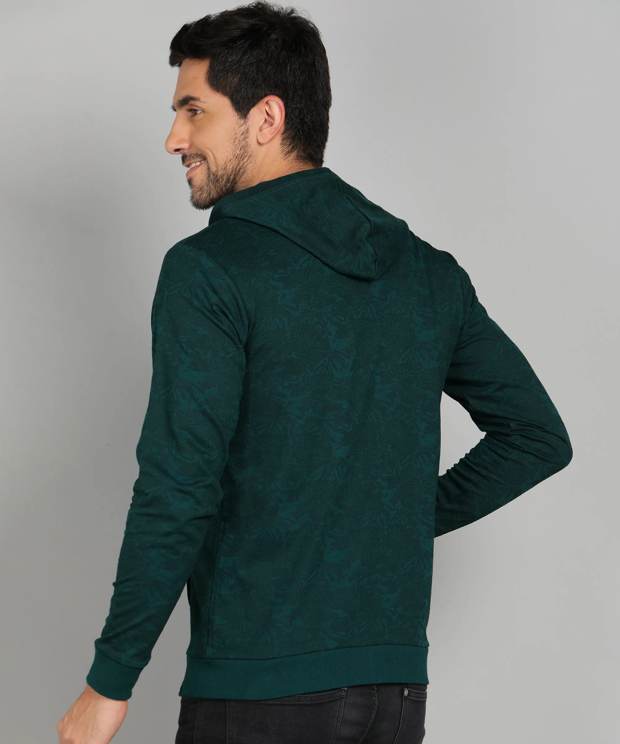 Men's Dark Green Regular Fit Printed Full Sleeve Winterwear Hooded Sweatshirt