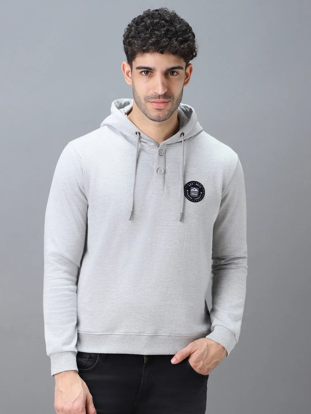 Men's Grey Cotton Solid Button Hooded Neck Sweatshirt