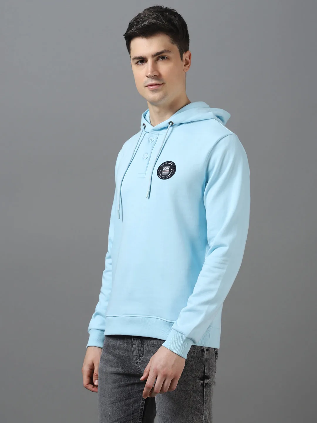 Men's Light Blue Cotton Solid Button Hooded Neck Sweatshirt