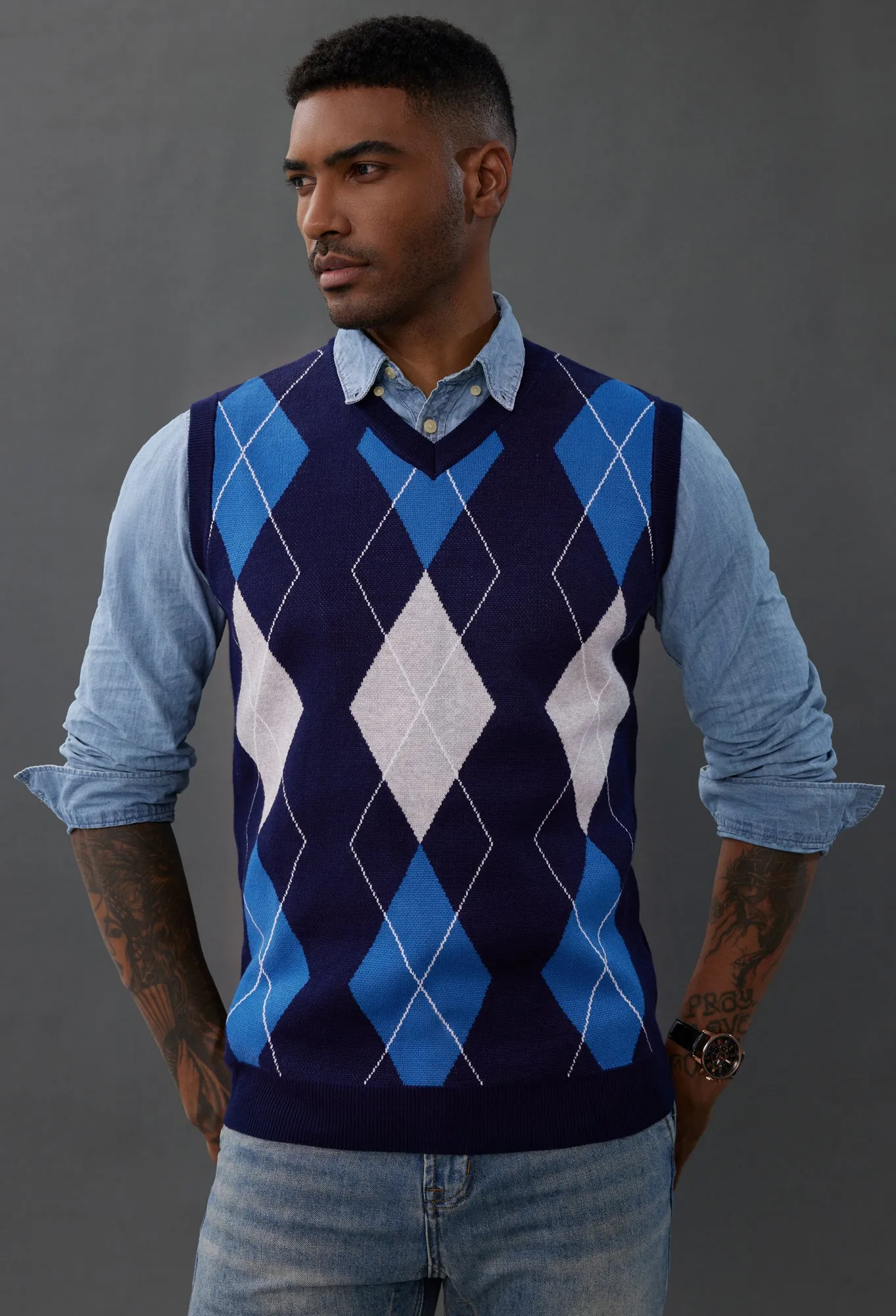 Men's Soft Argyle Sweater Vest Slim Fit V-Neck Knitted Pullover Vest