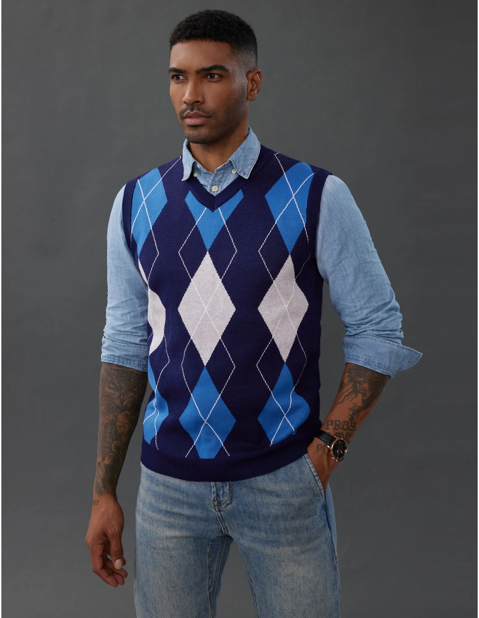 Men's Soft Argyle Sweater Vest Slim Fit V-Neck Knitted Pullover Vest