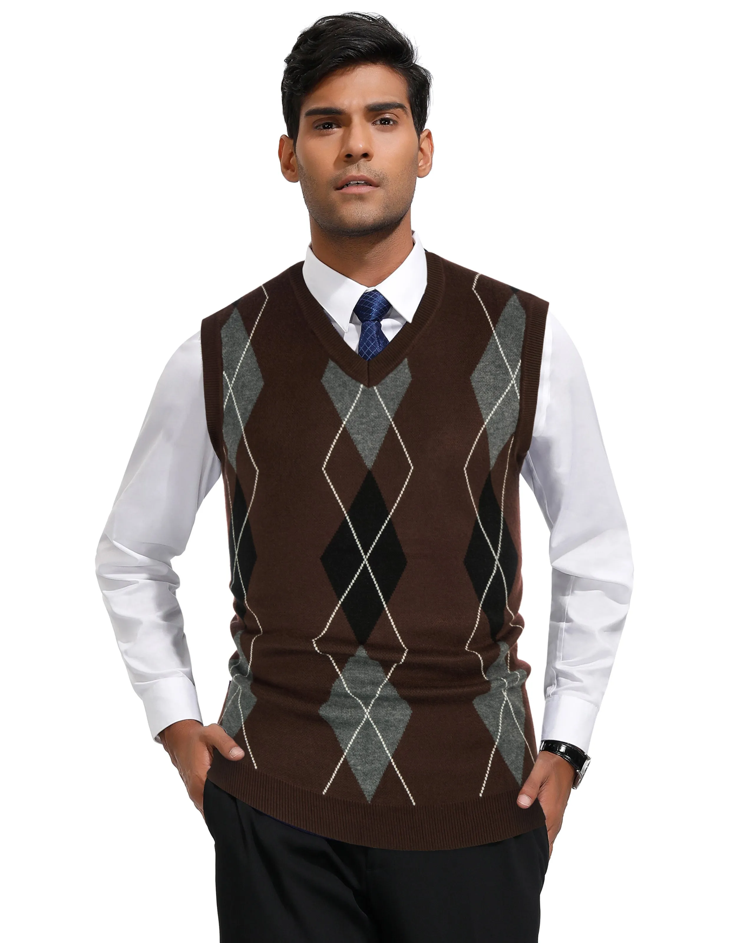 Men's Soft Argyle Sweater Vest Slim Fit V-Neck Knitted Pullover Vest