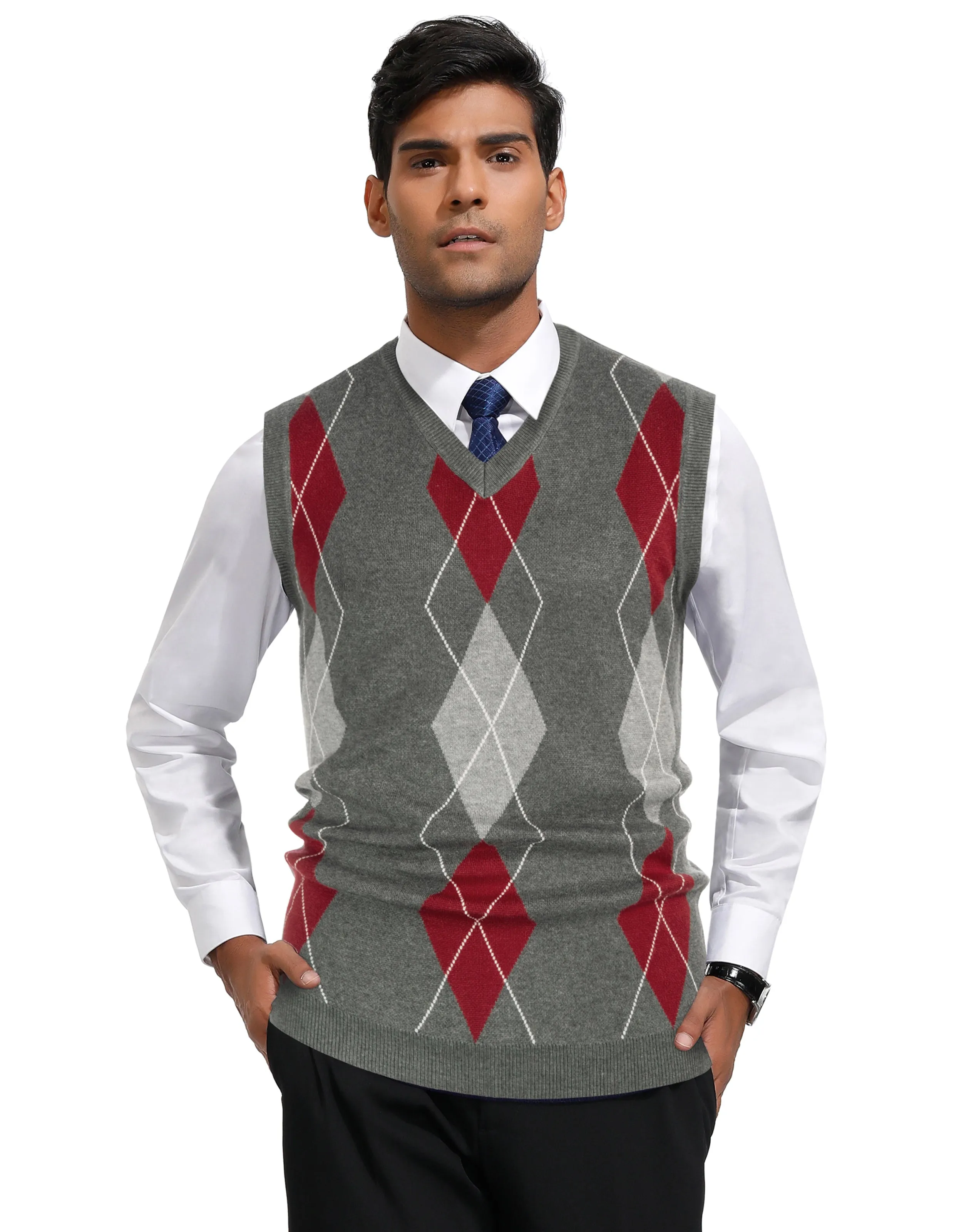 Men's Soft Argyle Sweater Vest Slim Fit V-Neck Knitted Pullover Vest