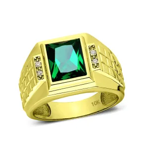 Men's Solid 10K Gold Green Emerald Ring 0.08ct Natural Diamonds Man Jewelry Gift