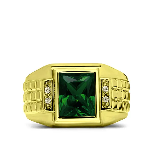 Men's Solid 10K Gold Green Emerald Ring 0.08ct Natural Diamonds Man Jewelry Gift