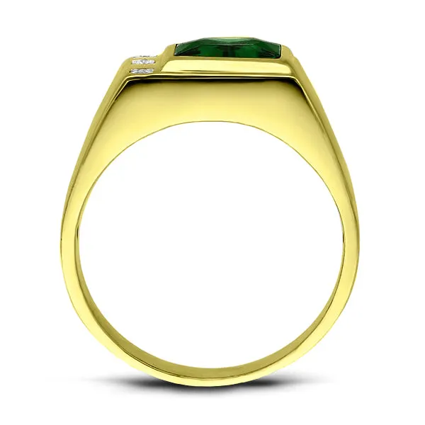 Mens Solid 14K Gold Green Emerald Ring 0.06ct Natural Diamonds Fine Ring for Men