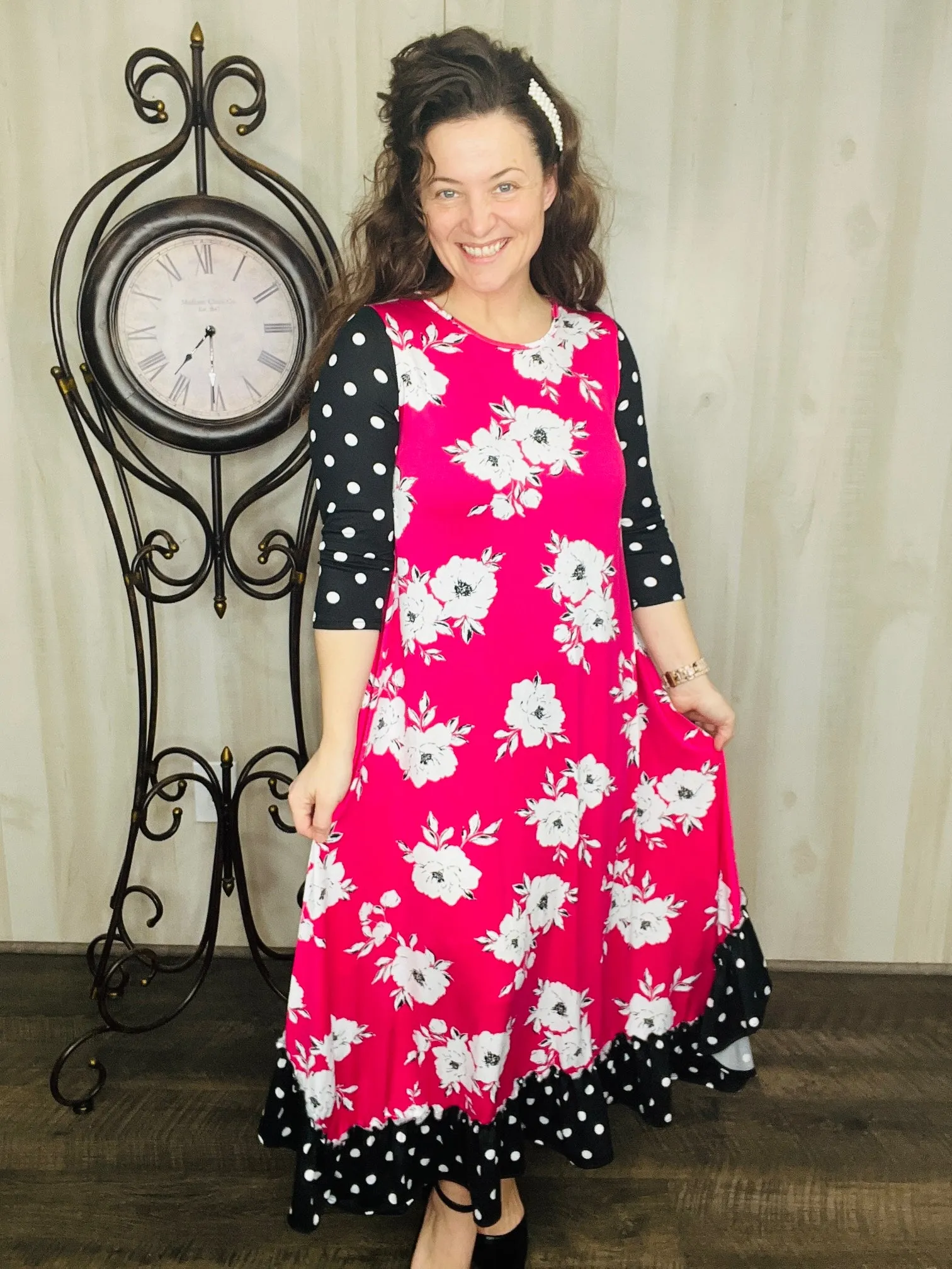 Michella Hot Pink Floral & Polka Dot Dress*