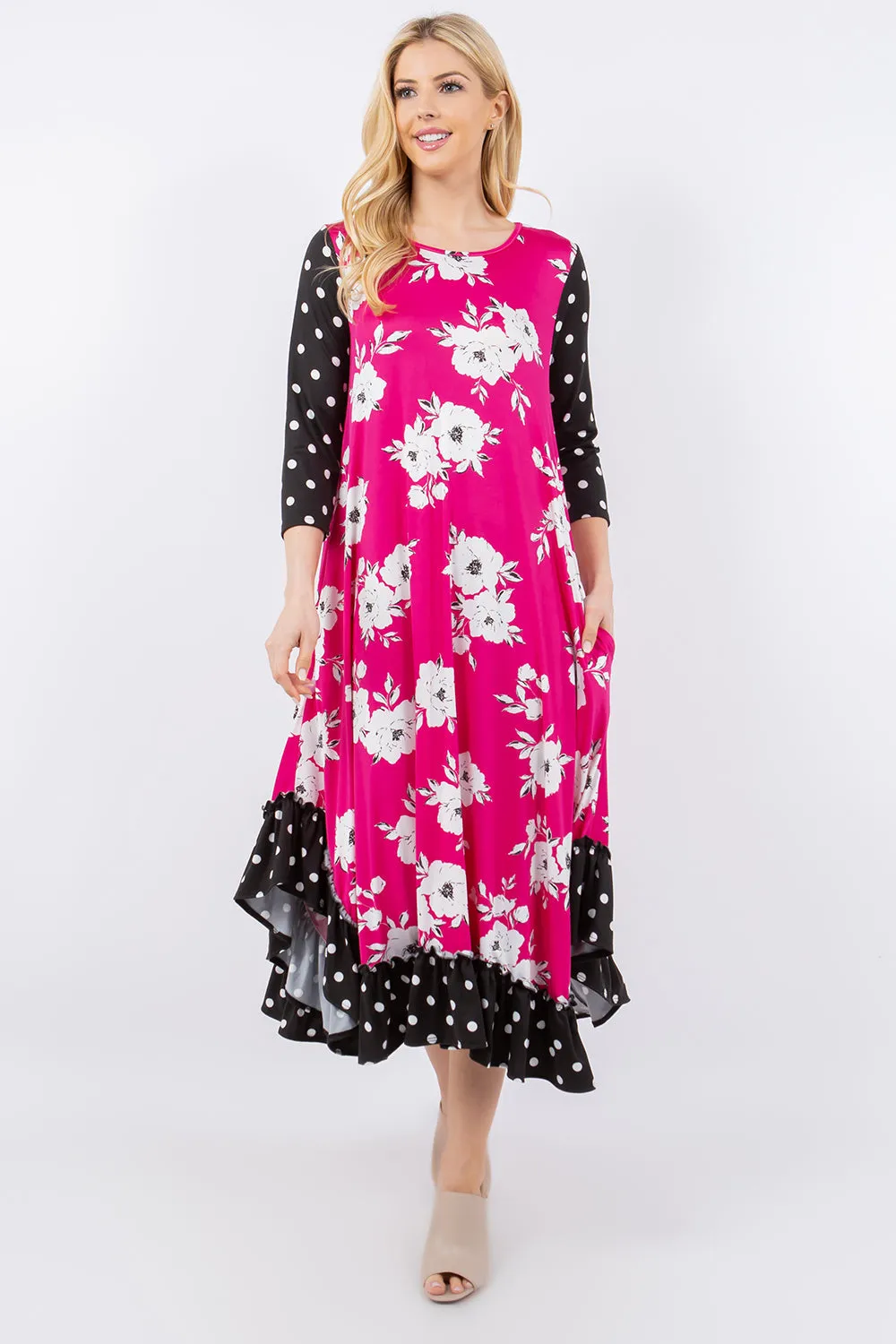 Michella Hot Pink Floral & Polka Dot Dress*