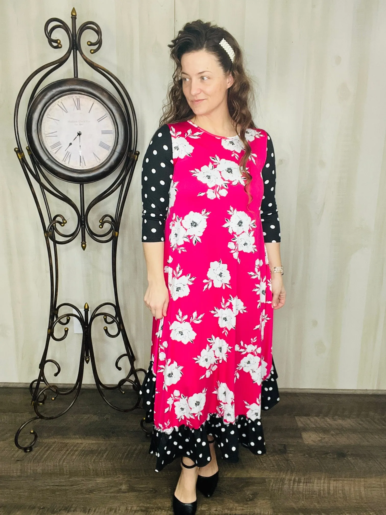 Michella Hot Pink Floral & Polka Dot Dress*