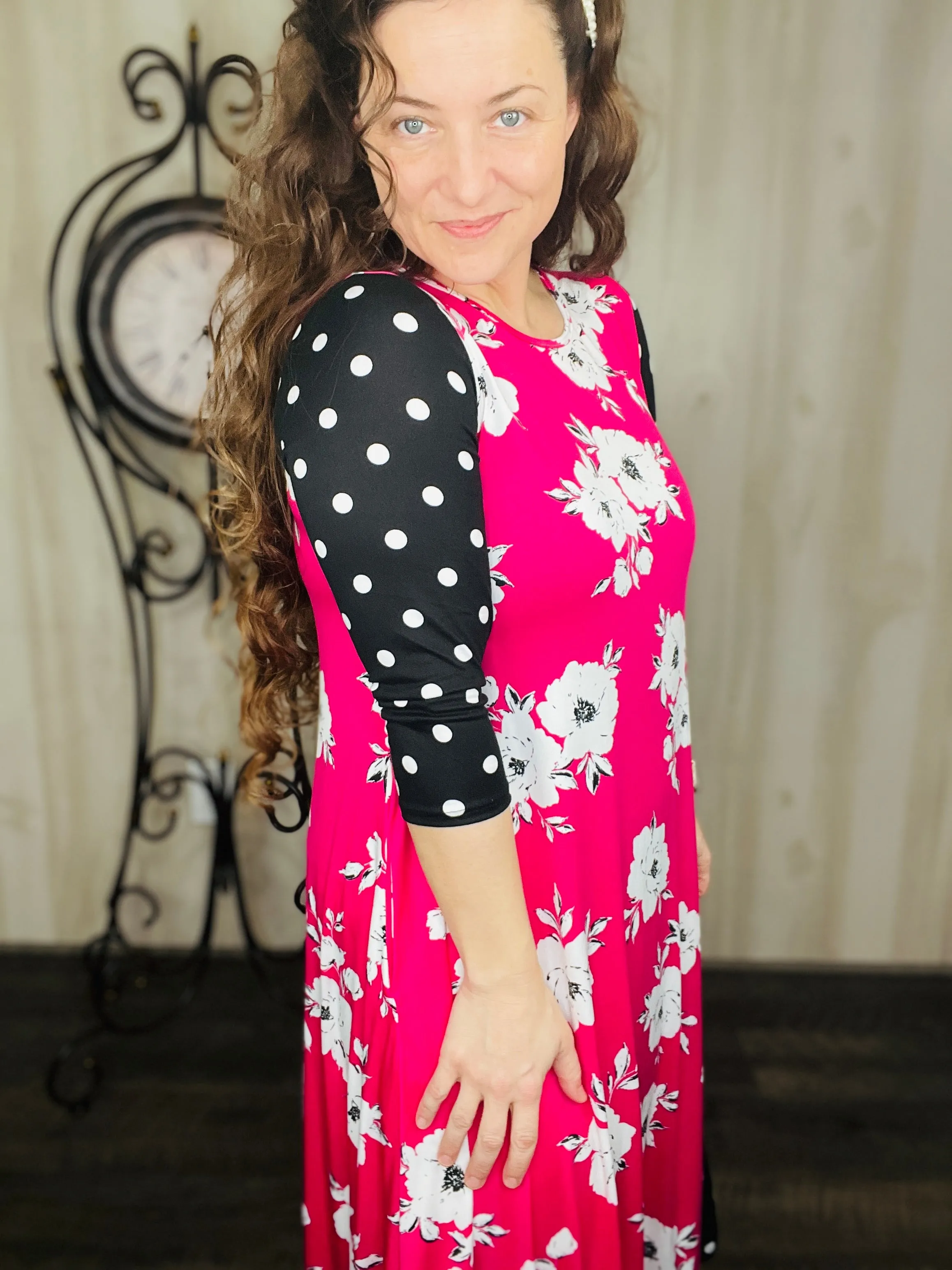 Michella Hot Pink Floral & Polka Dot Dress*