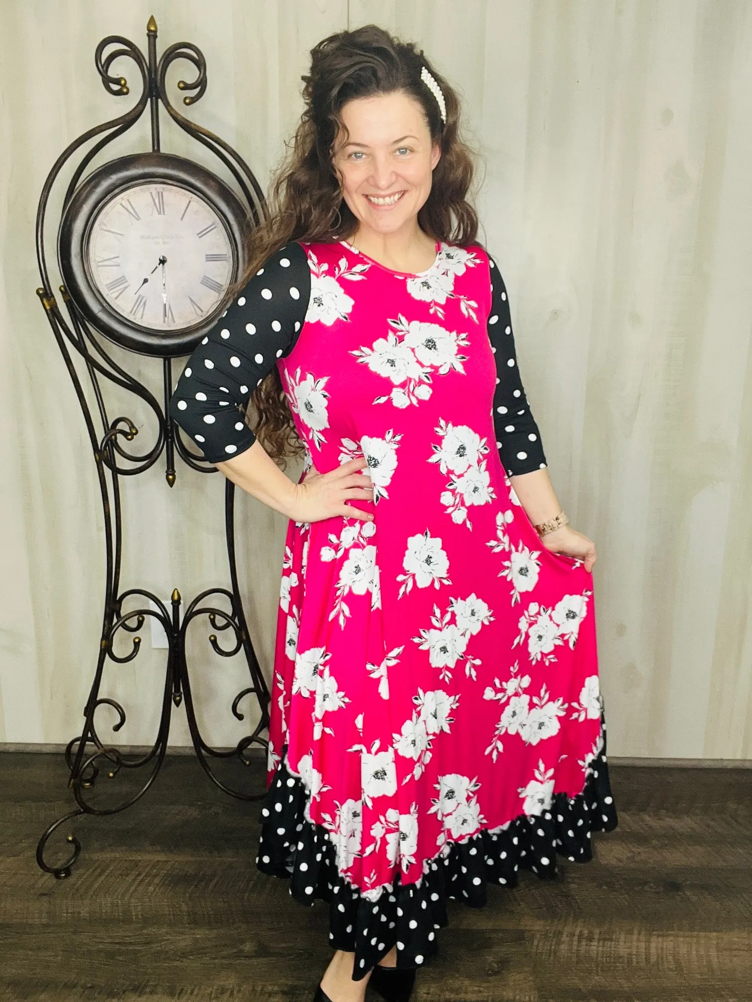 Michella Hot Pink Floral & Polka Dot Dress*