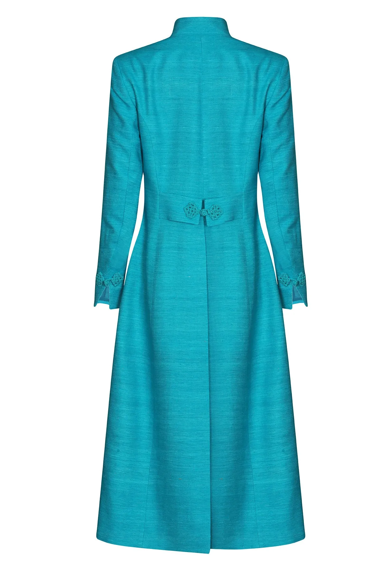 Midi Length Dress Coat in Turquoise Silk Tussar - Vanessa