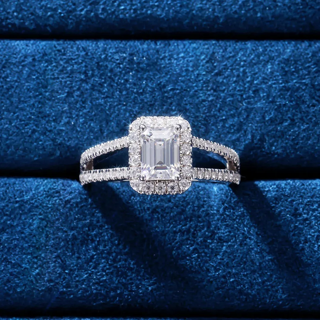 Moissanite Emerald Cut Halo Split Shank Engagement Ring