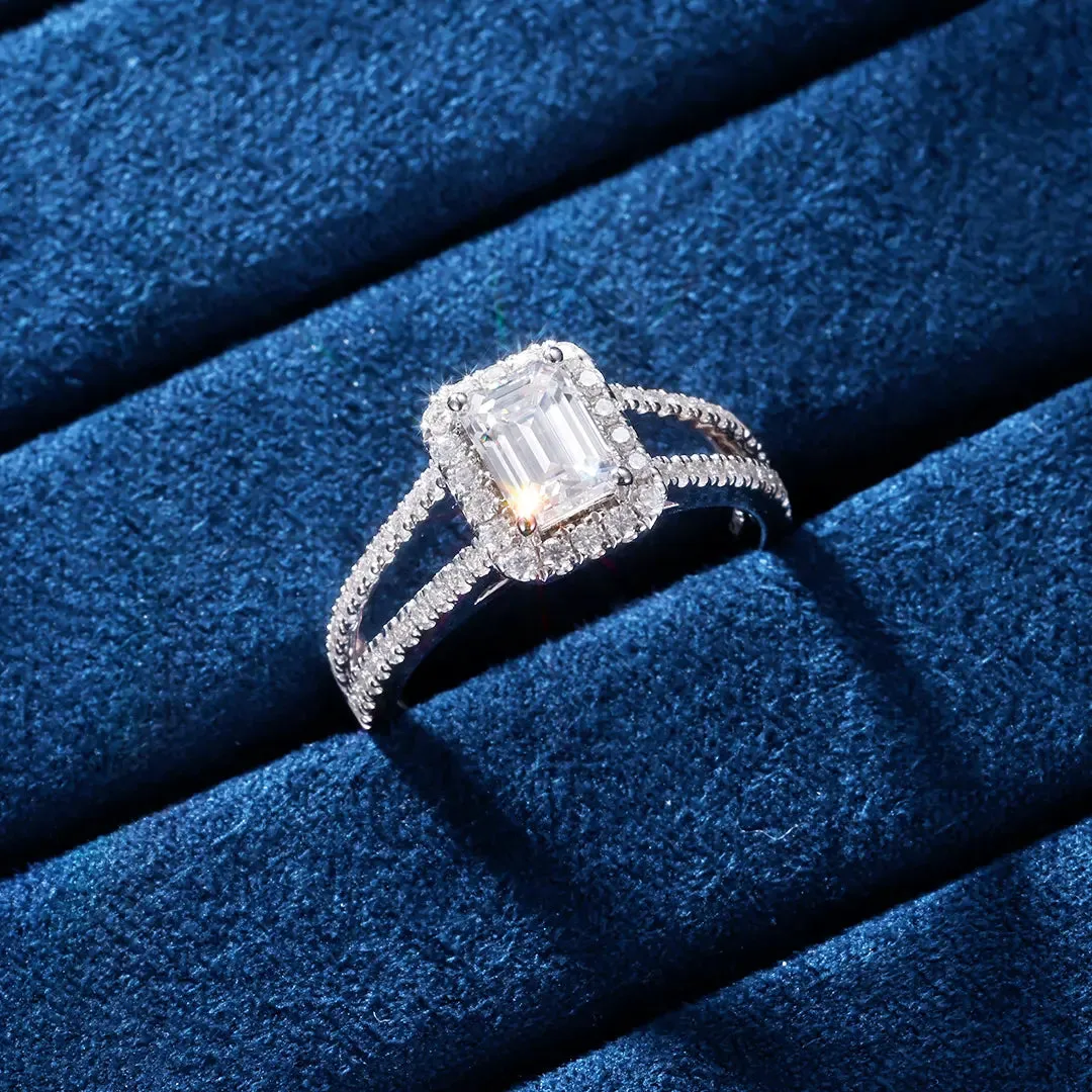 Moissanite Emerald Cut Halo Split Shank Engagement Ring