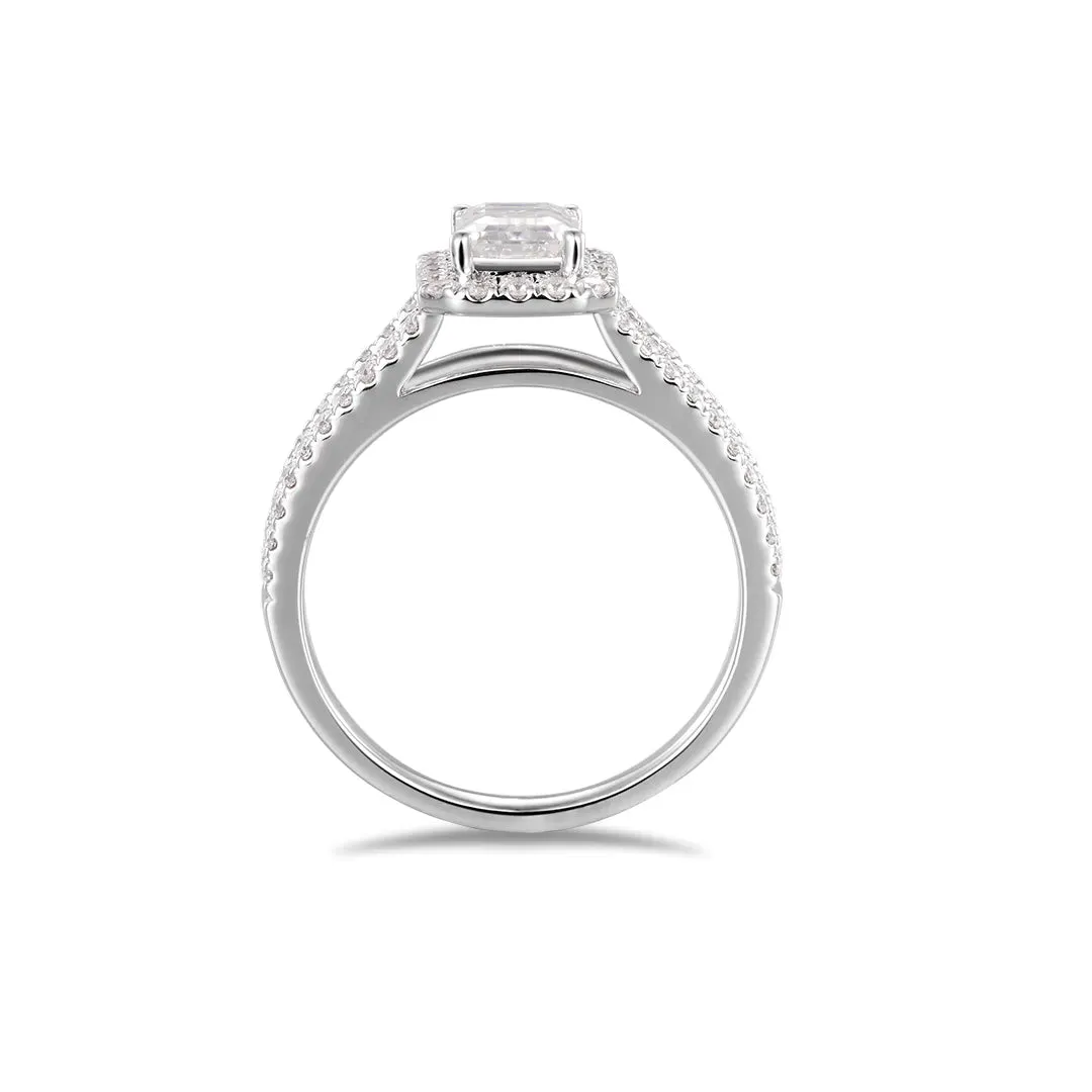 Moissanite Emerald Cut Halo Split Shank Engagement Ring