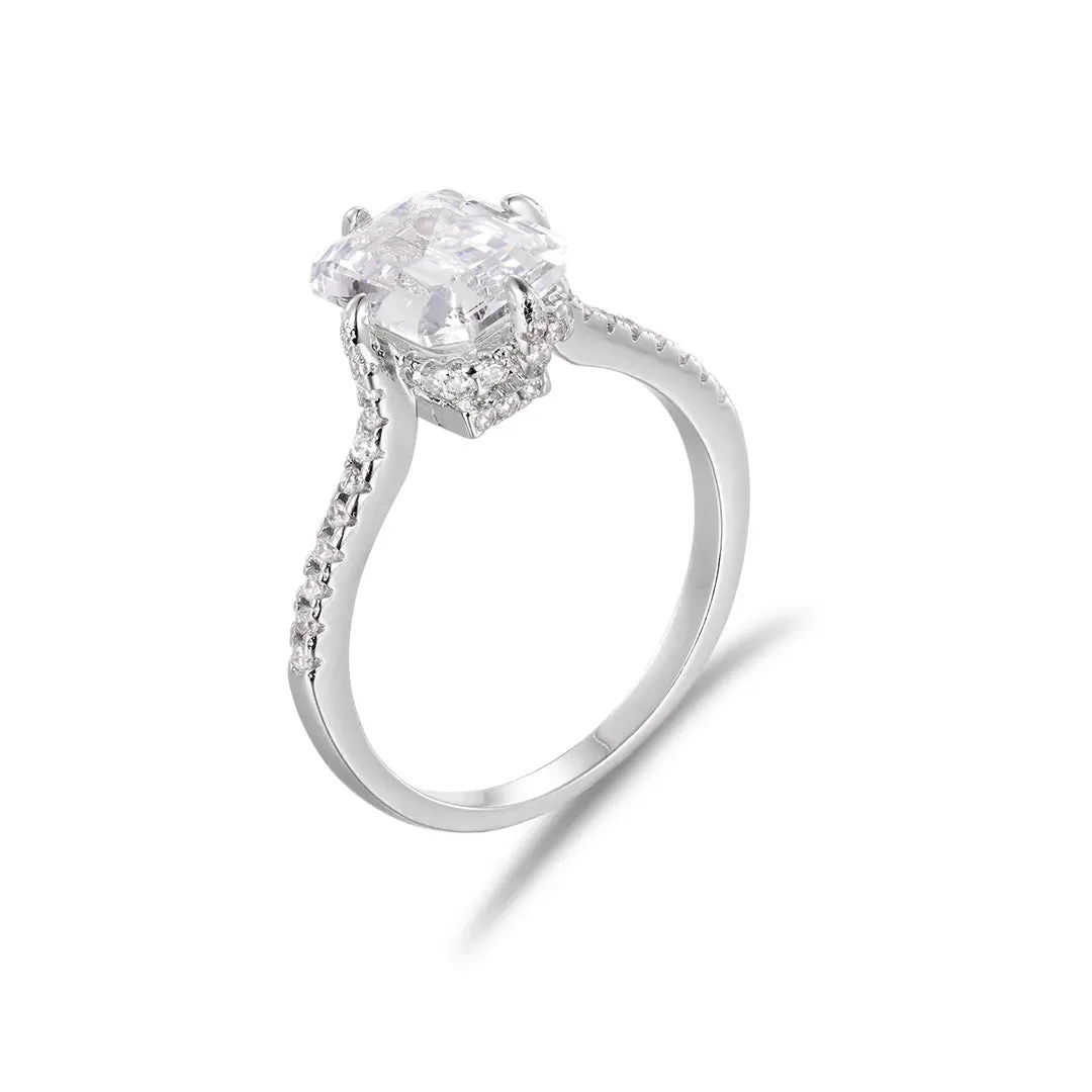 Moissanite Emerald Cut Hidden Halo Engagement Ring