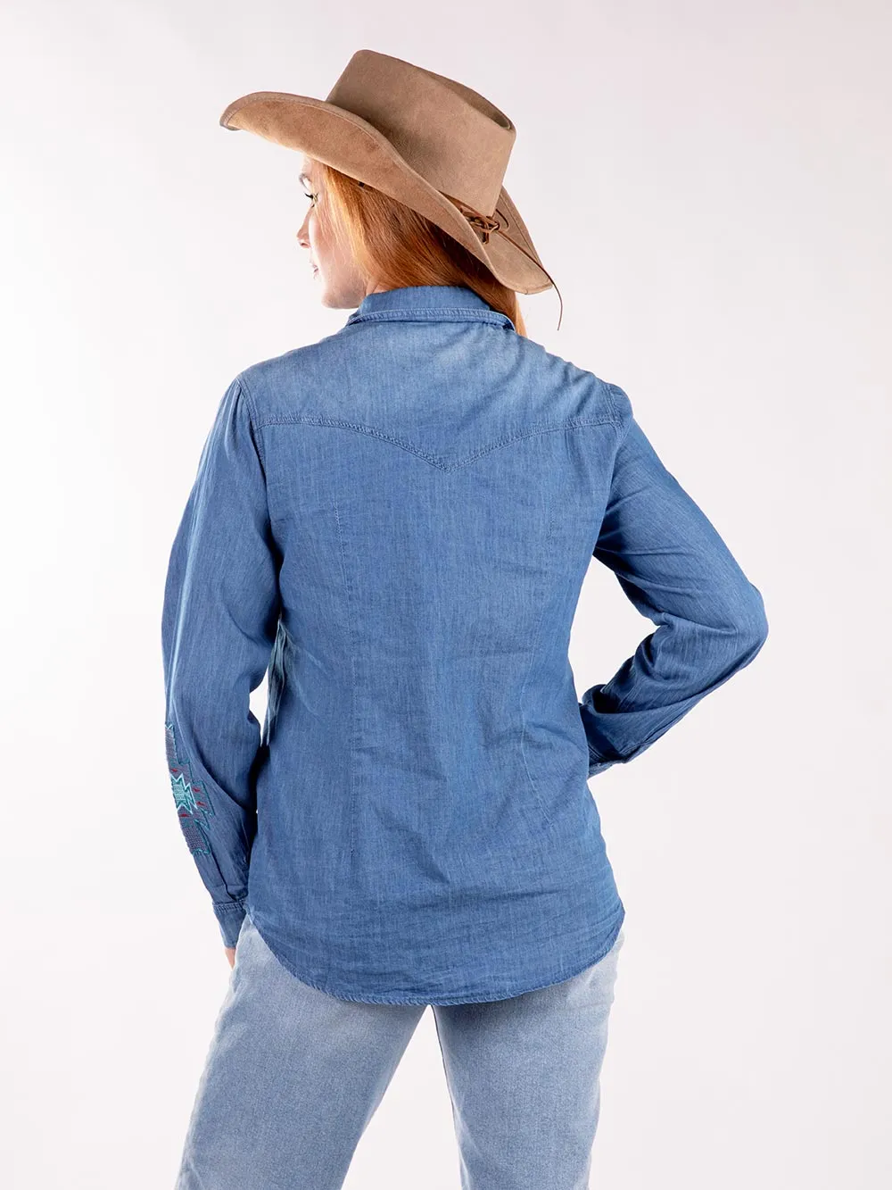 Montana West Embroidered Aztec Pocket Long Sleeve Chambray Shirt