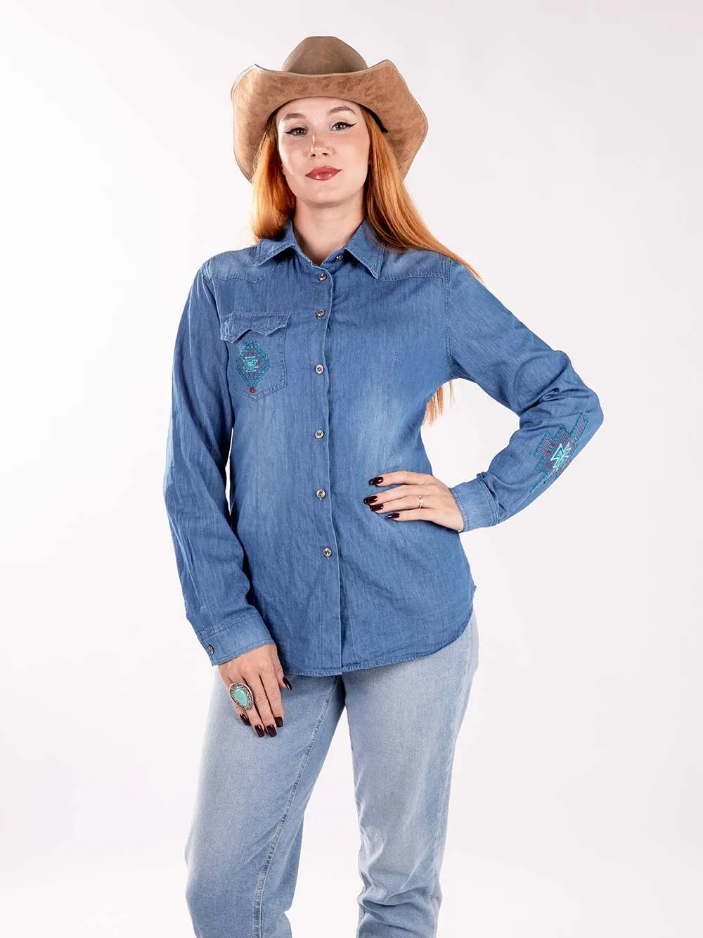 Montana West Embroidered Aztec Pocket Long Sleeve Chambray Shirt