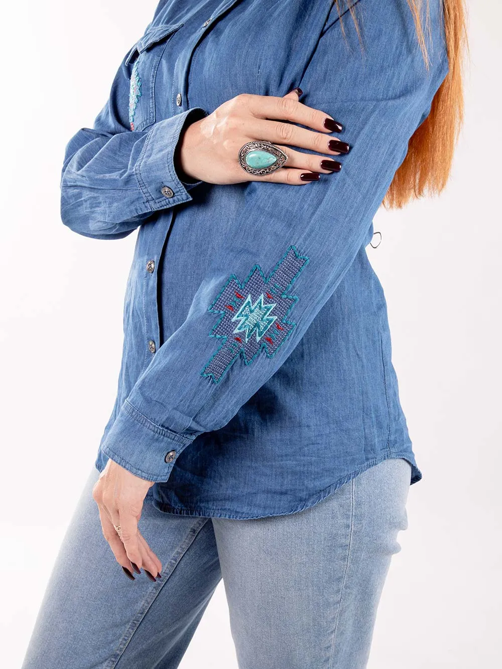 Montana West Embroidered Aztec Pocket Long Sleeve Chambray Shirt