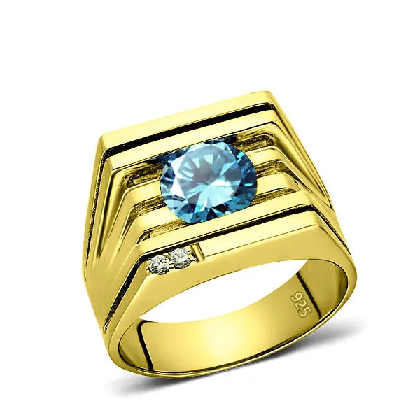 New 925 Real Solid Silver 18K Gold Plated Mens Blue Topaz 2 Diamond Accents Ring