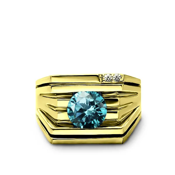 New 925 Real Solid Silver 18K Gold Plated Mens Blue Topaz 2 Diamond Accents Ring