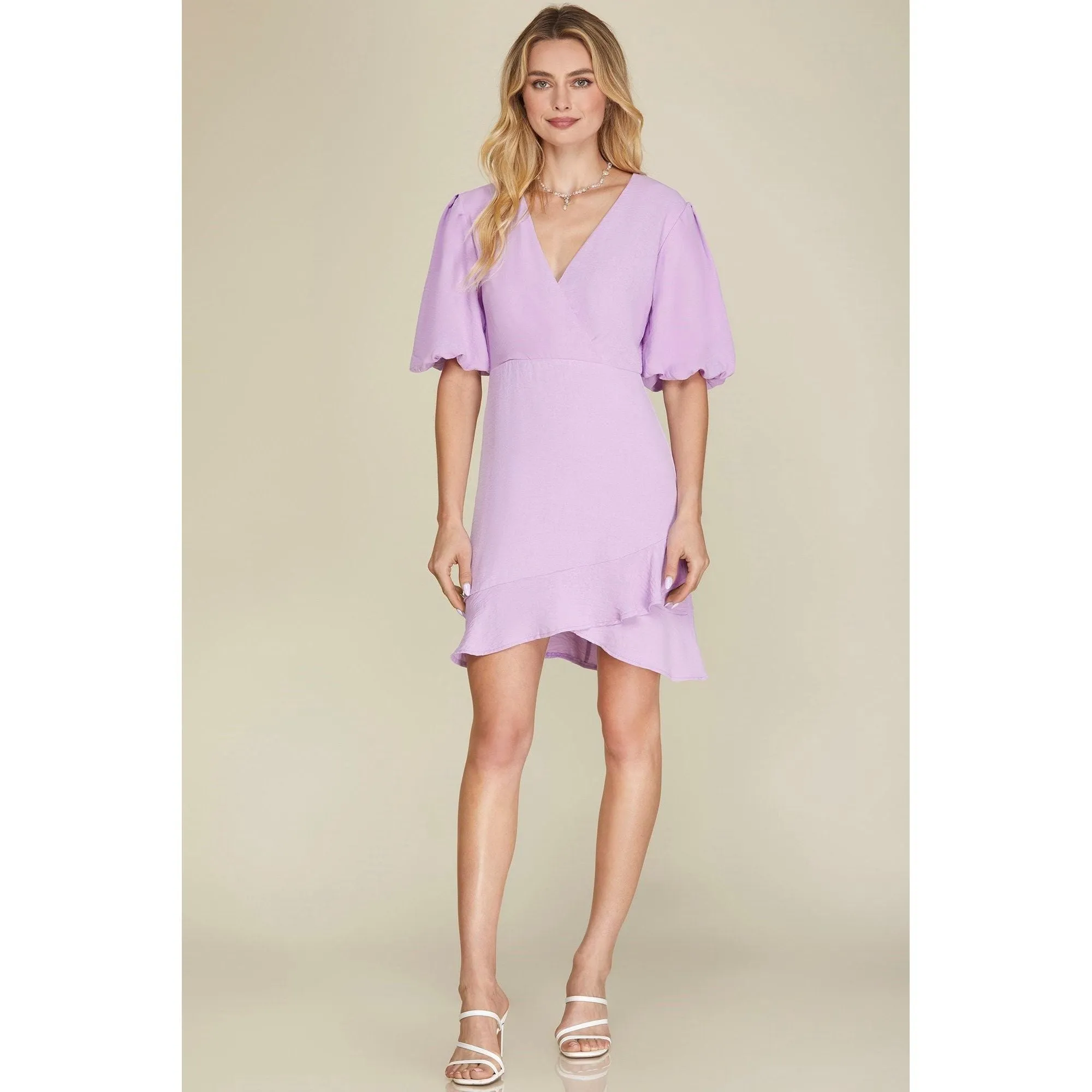 Puff Half-Sleeve Surplice Ruffled Hem Dress