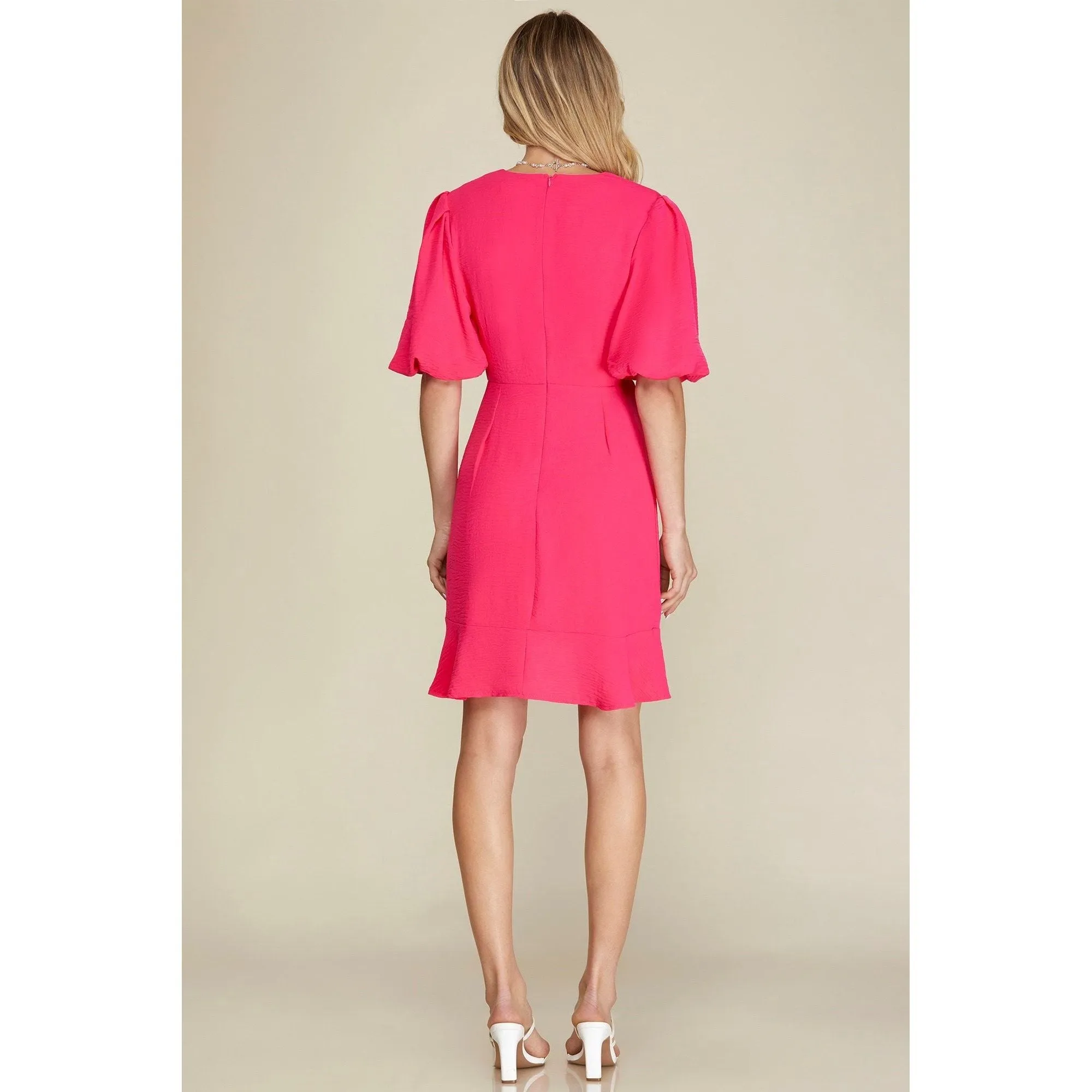 Puff Half-Sleeve Surplice Ruffled Hem Dress