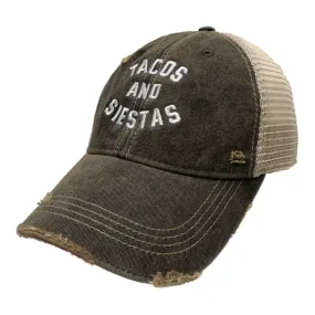 "Tacos and Siestas" Original Retro Brand Black Distressed Mesh Snapback Hat Cap