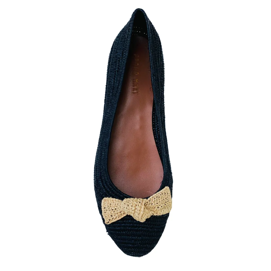 Raffia Ballet Flats (Black) with Natural Bow Tie