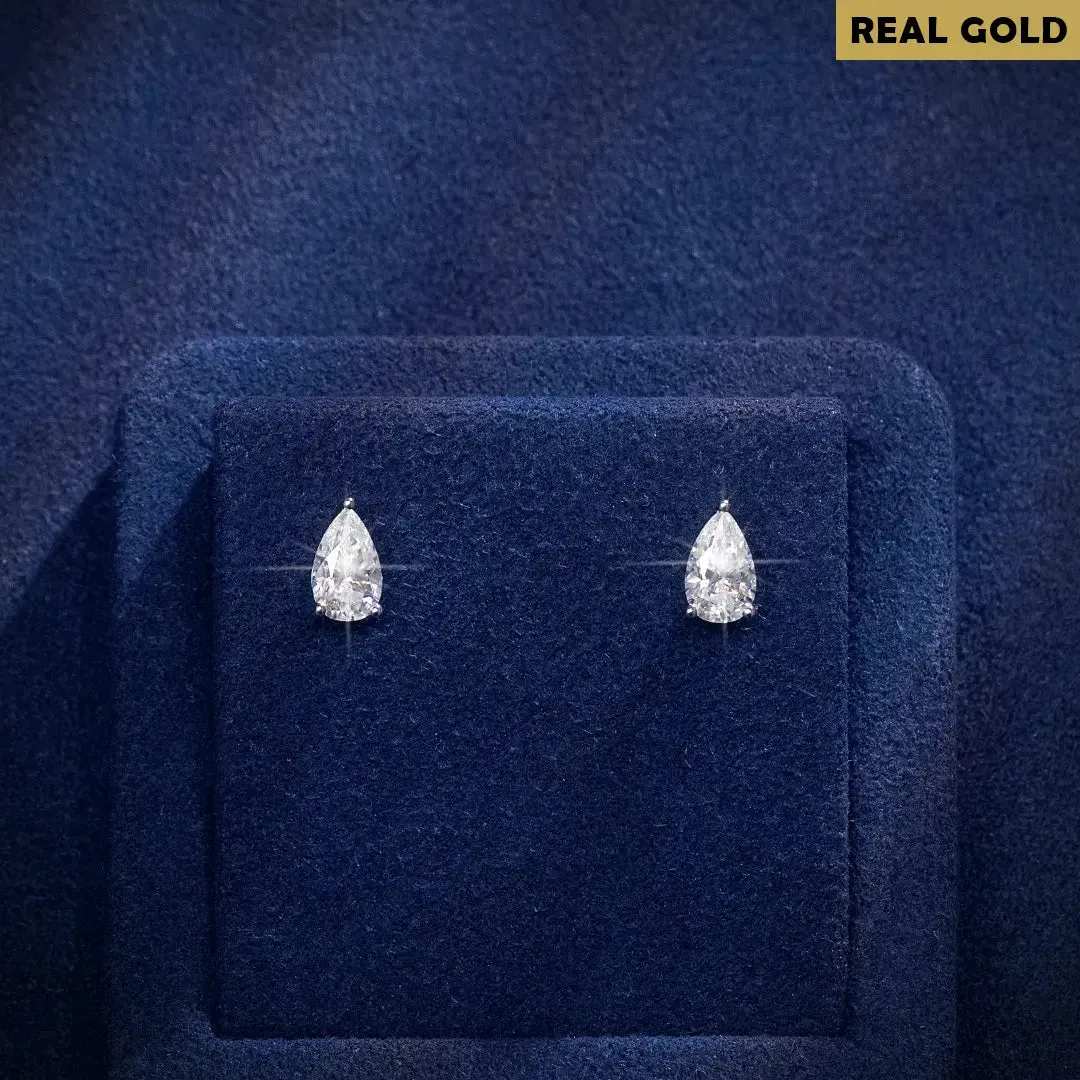 Real Gold Silver Pear Cut Moissanite Stud Earrings