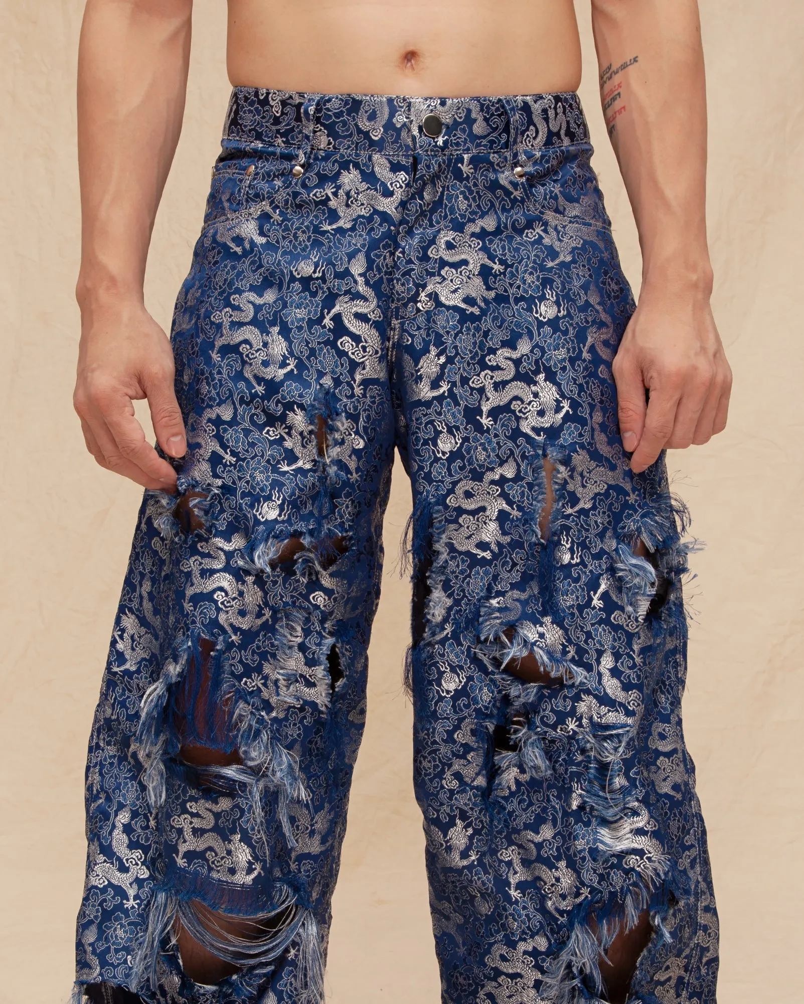 Ripped Chinese Dragon Brocade Jeans