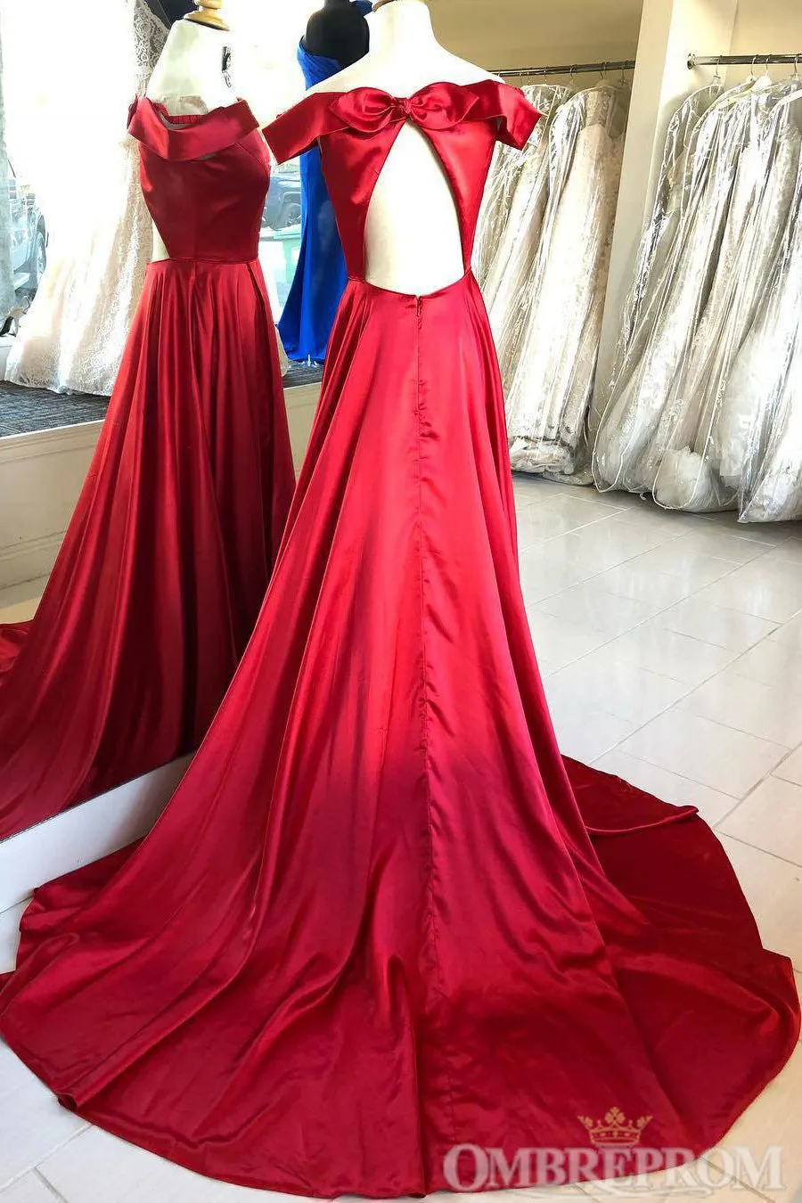 Simple Red Off Shoulder Open Back Prom Dresses