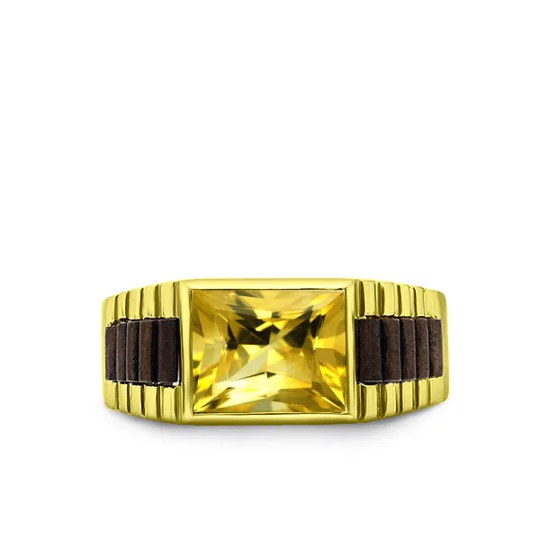 Solid 10k Yellow Gold Mens Ring Yellow Citrine Gemstone Modern Band Ring for Man